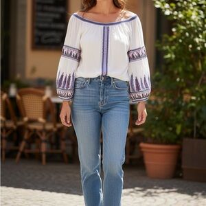 Free People White, Purple and Blue Semi Sheer Embroidered Blouse
